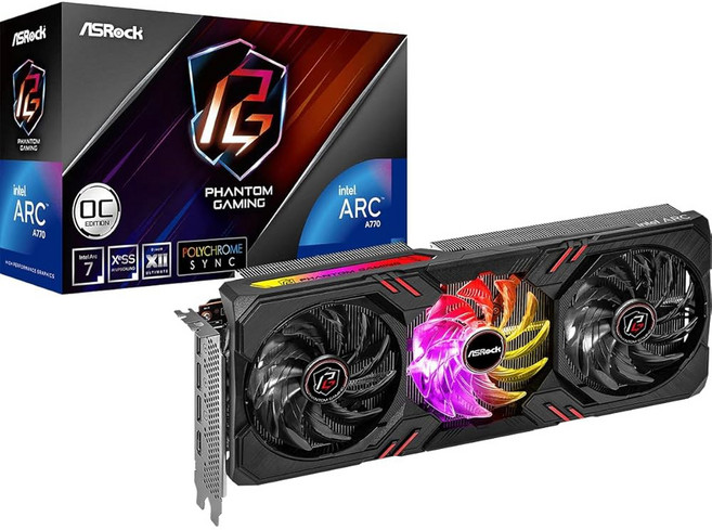 ASRock 인텔 Arc A770 그래픽 팬텀 게이밍 16G OC 2200MHz 17.5Gbps 256비트 GDDR6 7680x4320 디스플레이포트 HDMI 0dB 사일런트 쿨링, A770 Phantom Gaming 16GB OC