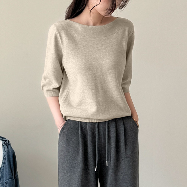 데일리앤 쥬엘 여성 퍼프 5부 반팔 7부 보트넥 입술넥 가을 루즈핏 니트 티셔츠 기본 무지 간절기 데일리 이너 니트티