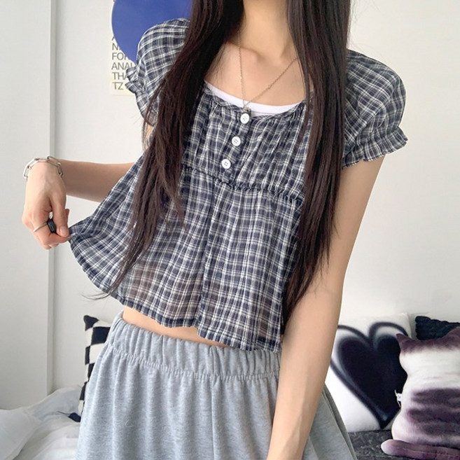 [모리걸/2col] 에이미 아방핏 체크 플레어 퍼프 반팔 블라우스