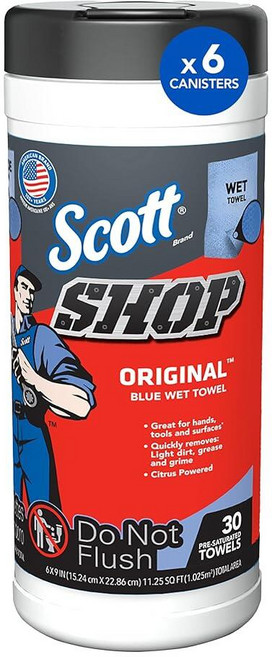 Scott Shop Original 블루 웻 타월 56418 시트러스 향이 나는 라이트에서 미디엄 듀티 물티슈 22.9 x 15.2cm 9 6인치 시트 수건 통 30개 6개 케, Scott Shop Original 블루 웻 타월 56