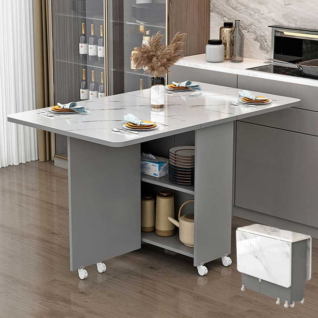 이동식 접이식 식탁 가정용 소형주택형 신축, 4인용, 프리미엄 그레이+화이트 마블링