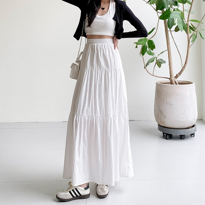 여성 밴딩 허리 A라인 티어드 스커트 셔링 데일리 치마 롱 캉캉 스커트