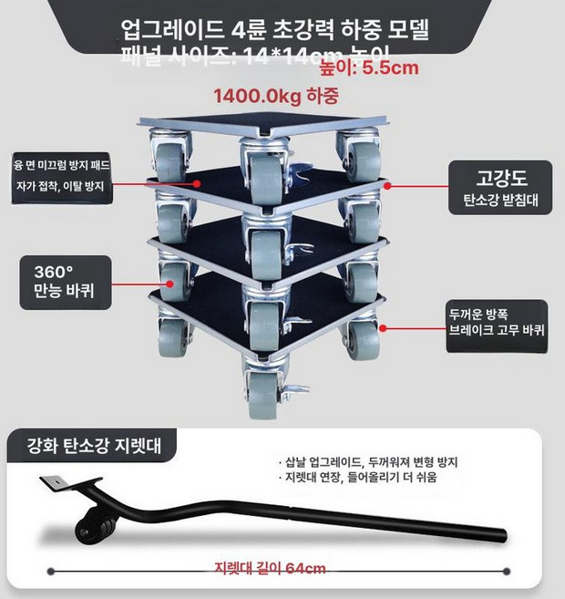 캐스터 중량물 고중량 대차 도비바퀴 회전 공업용 운반 중하중 롤러, 1개, 대형 사각 4바퀴