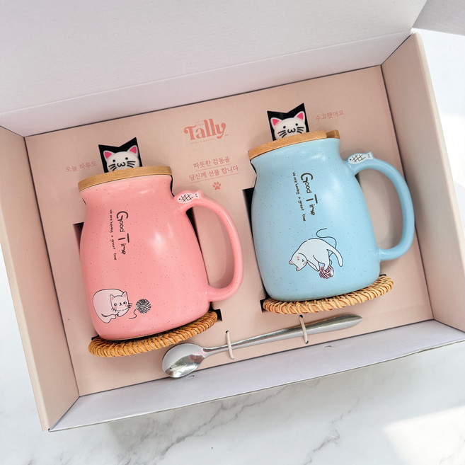 귀여운 예쁜 고양이 머그컵 세트 2종 선물, 핑크,하늘 선물세트 (컵받침 스푼 포함), 1개
