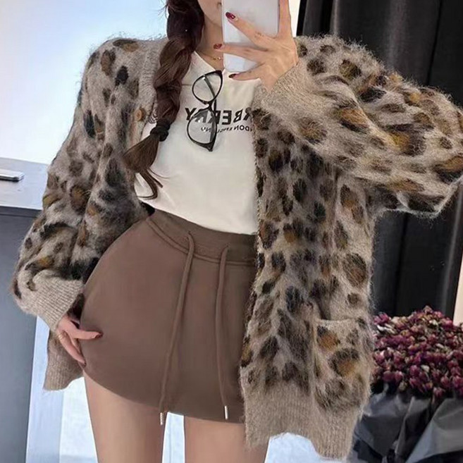 cammello 레오파드 루즈핏 니트 가디건 호피무늬 긴팔 스웨터