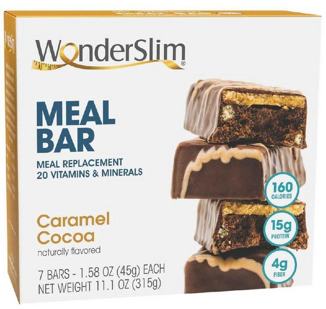 WonderSlim 원더슬림 식사 대용 단백질 바 캐러멜 코코아 초콜릿 아몬드 시나몬 더블베리 15g 7개입, 315g