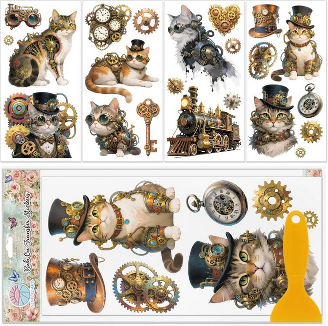 글로블랜드 4매 빈티지 스팀펑크 기계식 고양이 가구 6x12인치 기어 전동차 키 교체 UV 자가 접착 스티커 부착 침실 거실 테이블 장식용 벽 아트 공예