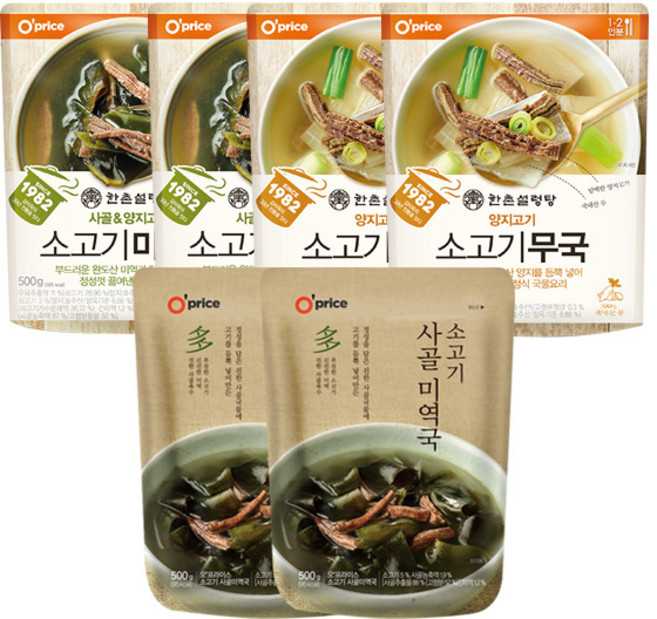오프라이스 즉석국 500g 3종 소고기사골미역국 2개 + 한촌 소고기미역국 2개 + 한촌 소고기무국 2개, 6개