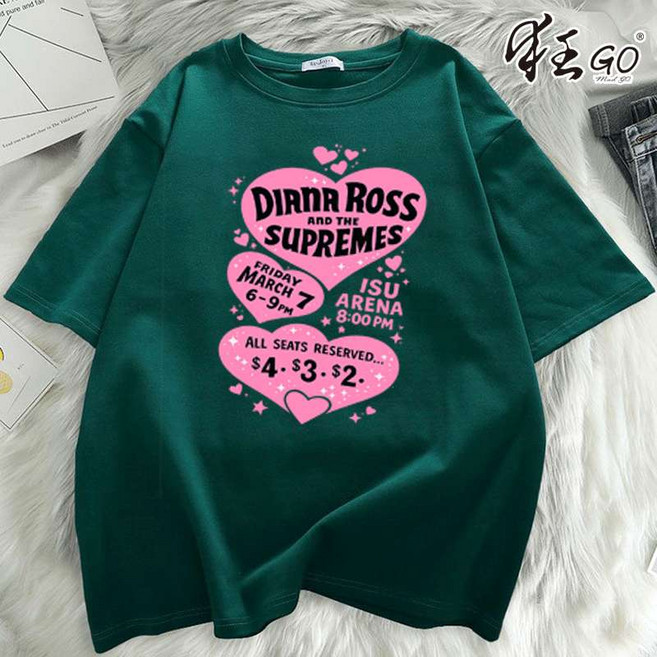 DIANA ROSS 純棉短袖T恤 印花上衣 簡約百搭, 墨綠色