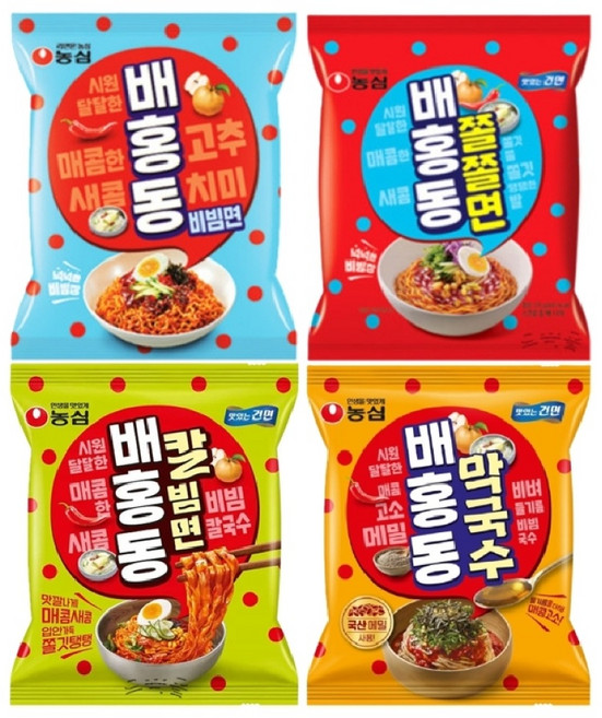 농심 배홍동 4종 세트 각1개씩-[비빔면137g+쫄쫄면129g+칼빔면128g+막국수114g], 3세트