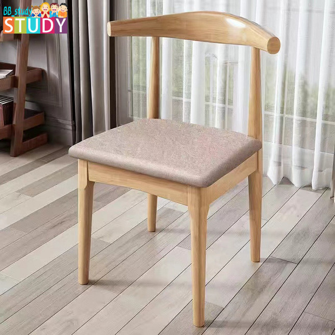 實木牛角椅 靠背餐椅, 實木牛角椅原木色淺灰布, 1個