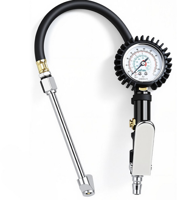 에이엑스툴 타이어 게이지 레버형 공기주입기 공기압 측정, 1개, 블랙