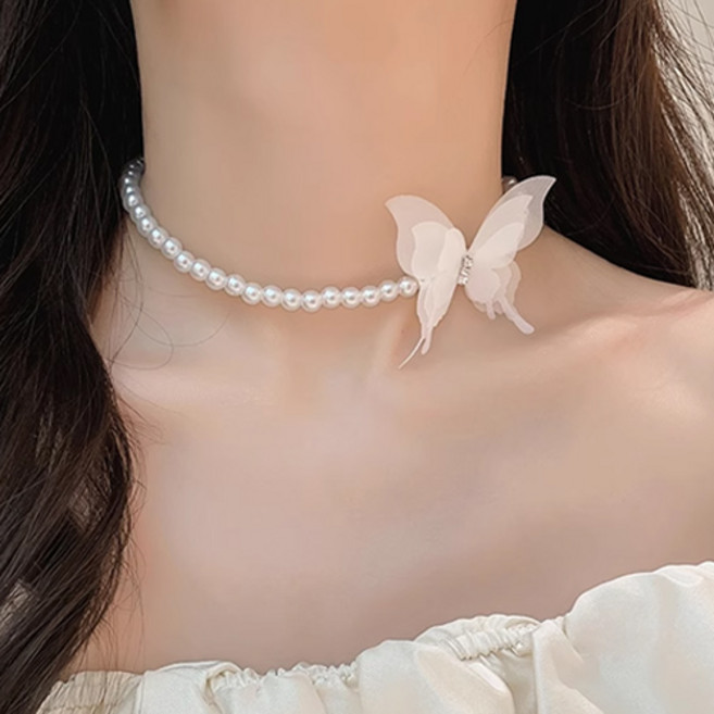 티큐 파티 모임 공연 축제 진주 큐빅 나비 초커 목걸이 A1979