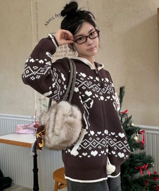 아메스 월드와이드 amesworldwide COWICHAN KNIT HOODIE ZIP-UP BROWN