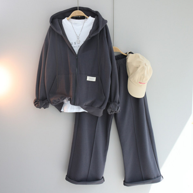 달콩 라벨후드집업와이드팬츠세트 상하의세트 긴팔 허리밴딩 운동복 데일리룩 츄리닝세트 빅사이즈