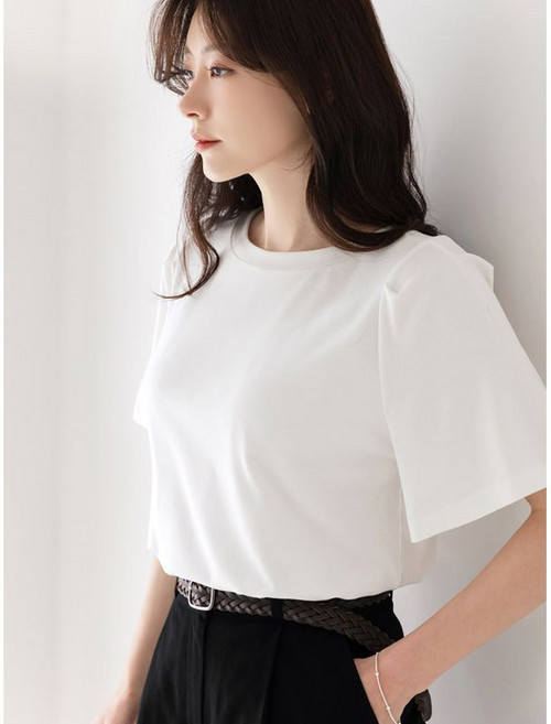 시크라인 XXL까지 라운드 하프 핀턱 윙 슬리브 슬리브 스판 티셔츠 여름 반팔티 데일리 일상 캐쥬얼 출근룩 빅사이즈
