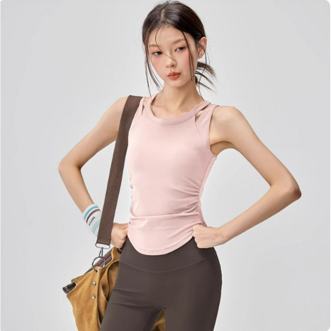瑜伽女款運動內衣 固定胸墊 修身褶皺 速乾健身背心, 1個, 海貝粉M 100-115