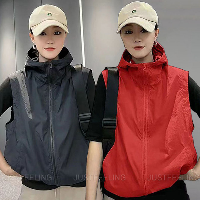 JUSTFEELING 래쉬가드 후드조끼 봄 가을 바람막이 점퍼 여성 민고매 베스트 빅사이즈 아우터 상의 등산복 D10U