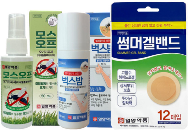 일양약품 모기기피제 모스오프 50ml + 바르는 물파스 벅스밤 80ml + 붙이는 모기약 썸머겔밴드 12매 모 3종세트