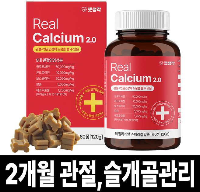 펫생각 리얼칼슘 강아지 관절 영양제 연골 슬개골 탈구 디스크 도움 보조제 아기 노견 노령견 보스웰리아 글루코사민 MSM 120g, 뼈/관절강화, 1개
