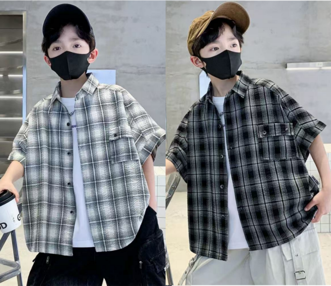 하와즈 체크무늬 반팔 캐주얼 셔츠 YX