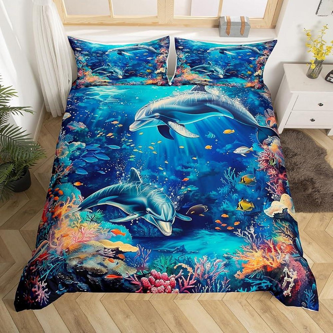 Dolphin Duvet Cover Set Queen Size Underwater World Bedding Set 3Pcs for Kids Girls Boys Teens Roo