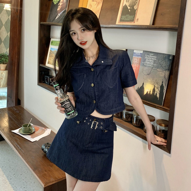여성 여름 스타일리시한 캐주얼 데님 세트 업 트렌디한 숏 자켓 스커트 투피스