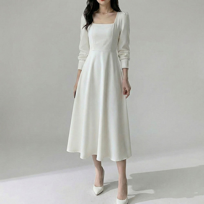 UPPERCUT 여성 스퀘어넥 긴팔 퍼프소매 슬림원피스