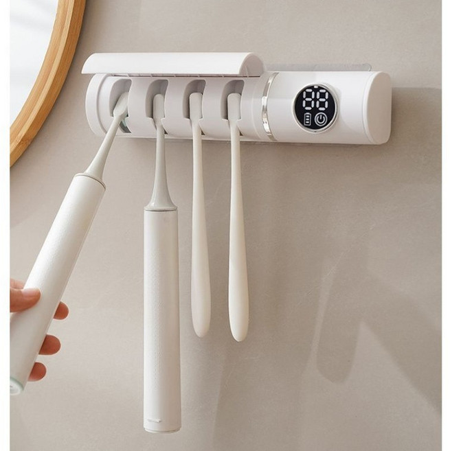 紫外線電動牙刷消毒架 智慧置物架 家用多功能風乾殺菌牙刷消毒器, 超長續航【白色】