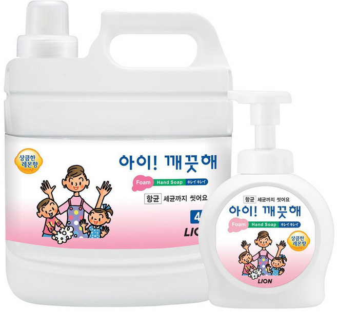 아이깨끗해 거품형 핸드솝 4L 펌프용기포함 대용량 핸드워시 레몬향 리필 가정용 업소용, 1세트