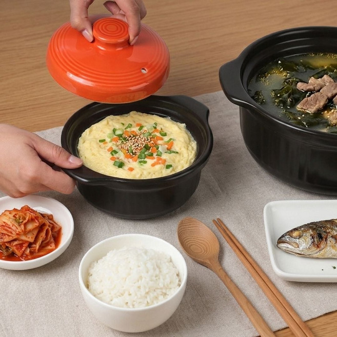 오래쓰는 도자기 내열 냄비 계란찜 된장 뚝배기 찌개솥 투톤컬러 소형 1000ml 업소용 밥 도자기 냄비 dew+0378Bk