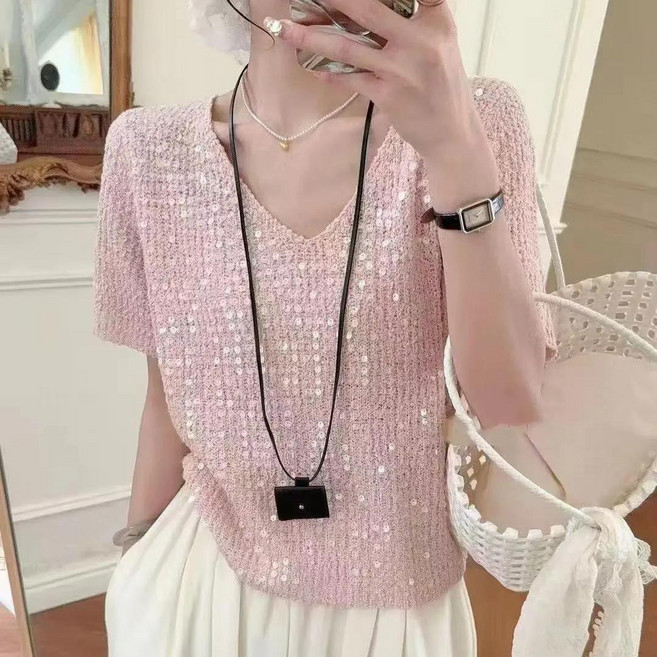 페이준 여성 루즈핏 초슬림핏 브이넥 니트 숏 스팽글 티셔츠 블링블링 댄스복 YJ963