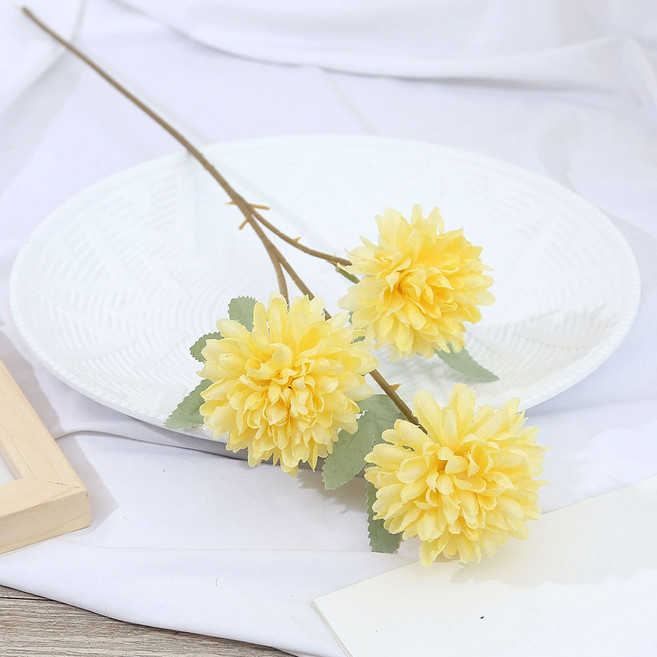 仿真乒乓菊 單枝裝飾人造花, 1個, 01. 3頭球菊 黃色