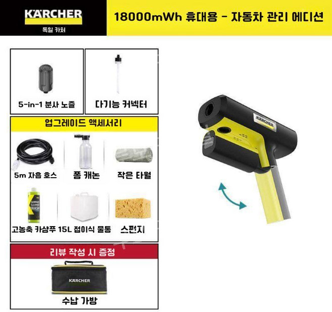 카처 KARCHER 세차기 접이식 미니 생수병 호환 사용 휴대용 버전 고압세척기, 4. 18000mWh 무선 - 차량 강도