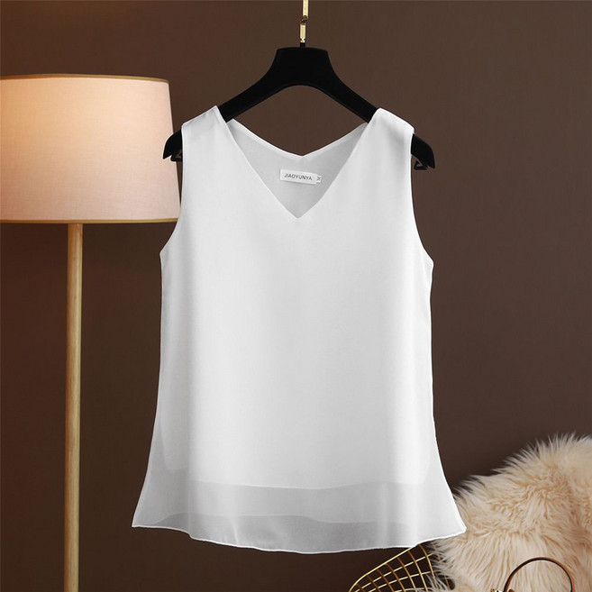 ROYALBELLE 여성 브이넥 쉬폰 플라우스 민소매 단색 안감 아이스 쉬폰 U0022514