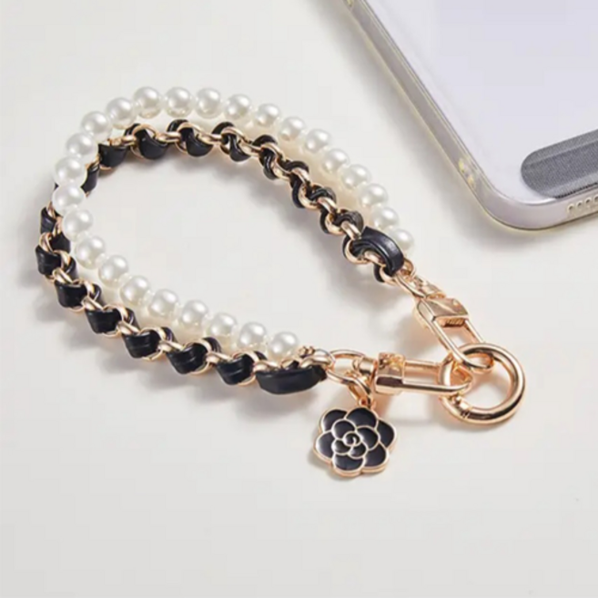 골드체인앤진주구슬휴대폰스트랩키링, 1개, 블랙