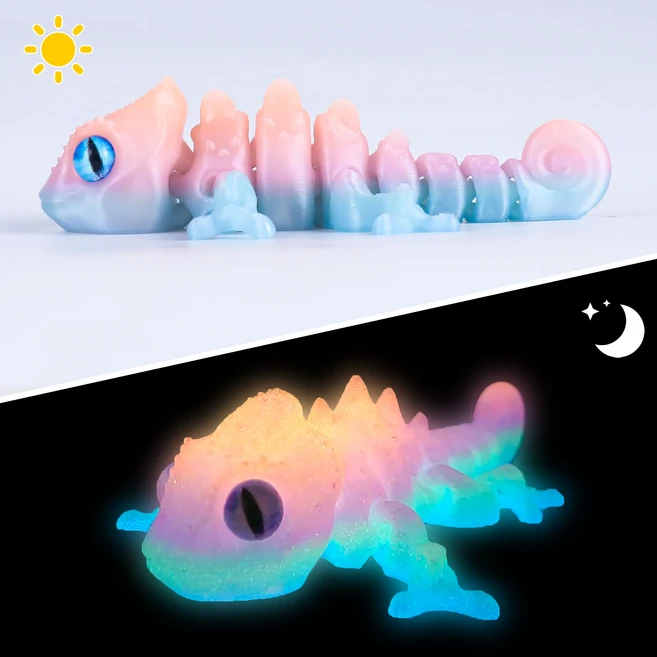 3D 프린팅 카멜레온 도마뱀 장난감 - 관절형 유연 조인트 스트레스 해소 피젯 장난감 가정 및 사무실용 멋, 01 원 사이즈, 03 Glow-in-Dark Rainbow