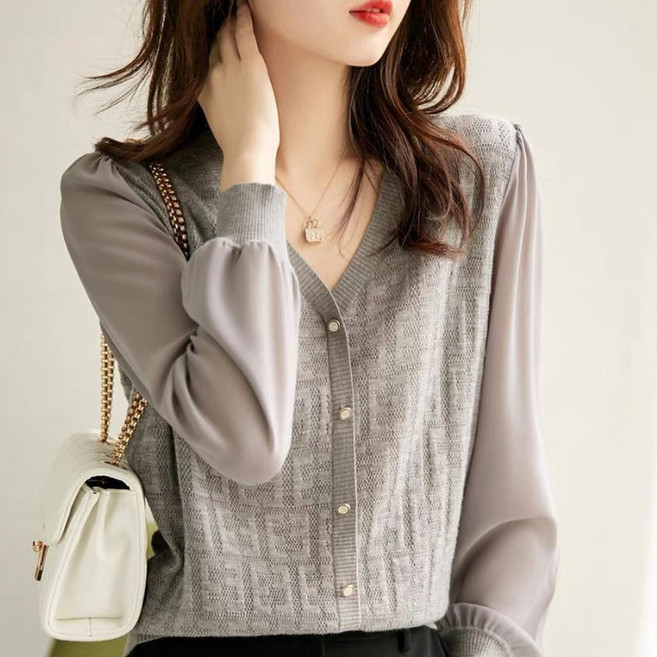 [로랑] 여리한 쉬폰 하객룩 고급니트 블라우스 W430