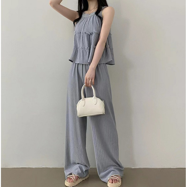 여성 여름 홀터넥 플리츠 나시 티셔츠 +와이드팬츠 2피스세트