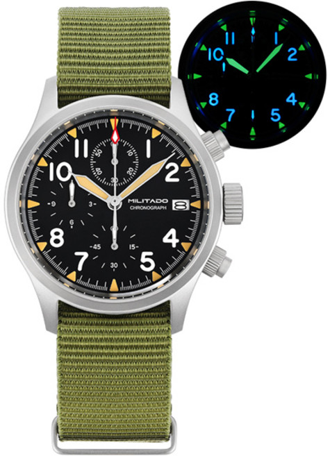 호환 Militado ML1868KF 쿼츠 시계 남자 VK67 39mm 크로노 그래프 시계 빛나는 사파이어 100m 방수 군용 손목, [04] Green With Date