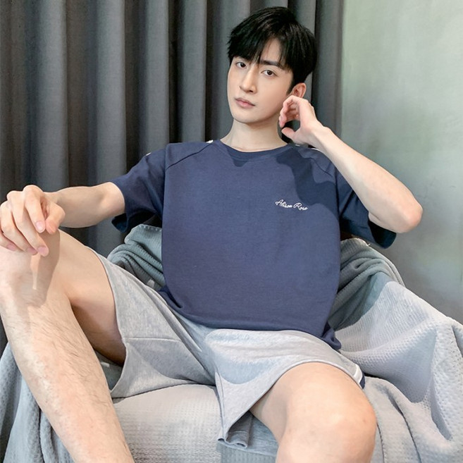 男士睡衣 夏季棉質短袖圓領家居服套裝