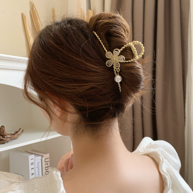 미다미 크리스탈 플라워 비즈 스틸 집게핀