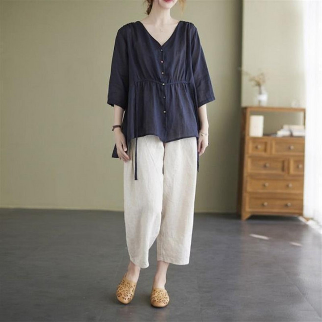 중년 여성 루즈핏 린넨 캐주얼 투피스 세트 버튼 브이넥 브라우스 반팔티 와이드 팬츠 셋업 빅사이즈