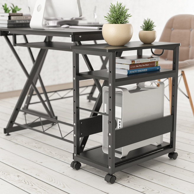 복합기 프린터 컴퓨터 본체 이동 선반 3단 이동식 받침대 거치대 다용도 사무실 용품 이동 수납 선반 높이 조절 가능, 블랙