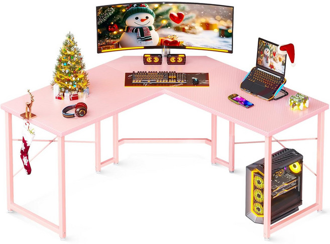 AODK L자형 게이밍 데스크 코너 데스크 게이밍 테이블 컴퓨터 책상 견고한 필기용 워크스테이션 탄소 섬유 표면 조립 간편 (15분 소요), 핑크색, H05