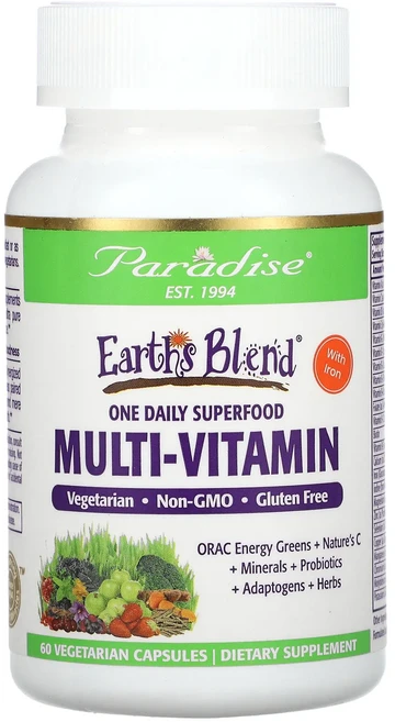몸관리하세요 겨울입니다 Paradise Herbs Earth's Blend 원 데일리 슈퍼푸드 종합비타민 철분 함유 베지 캡슐 60정 특별관리진행, ParadiseHerbsEarthsBlend원데일리슈퍼, 1개 - 쿠팡