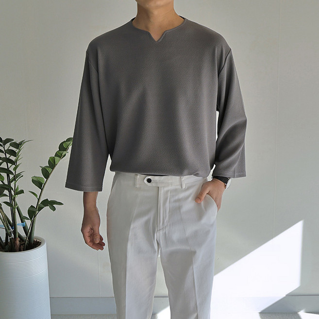 [맨즈북] 슬릿 트임 브이넥 남자 칠부티 편안한 티셔츠 봄 가을