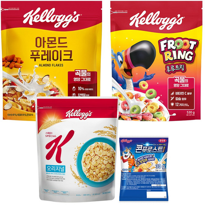 켈로그 시리얼 스페셜K 480g + 아몬드 푸레이크 600g + 후르트링 530g + 콘푸로스트 30g x 2개, 1개