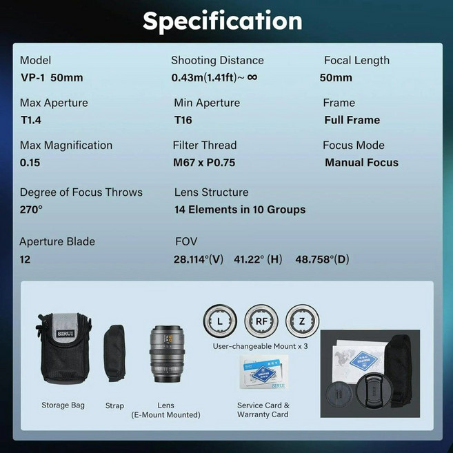 SIRUI VP-1 Vision Prime 1 T1.4 프레임 시네 렌즈 24mm 35mm 50mm MF 시네마 RF/Z/L용 사전 E 마운트, 7)기타