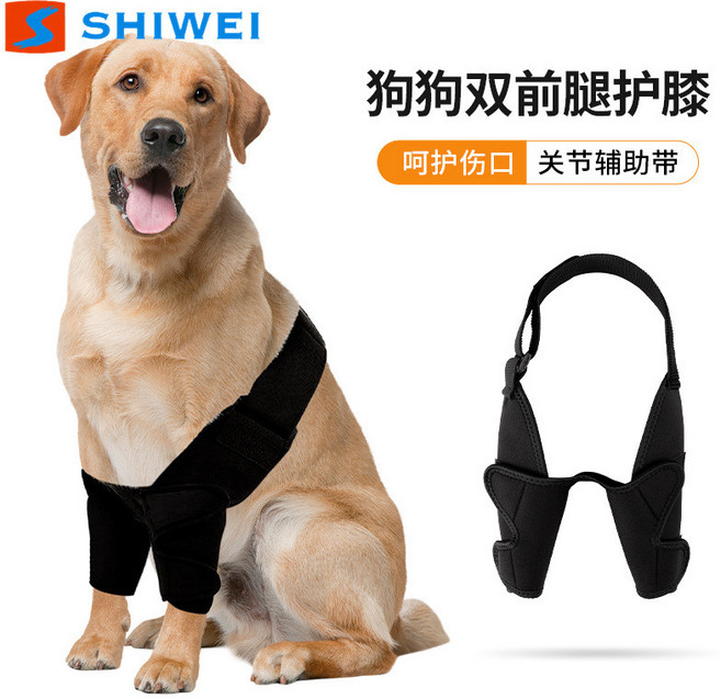 狗狗雙前腿護膝 寵物關節保護套 輔助穩定關節恢復 加壓綁帶 可調節, 黑色 單隻,S, 1個